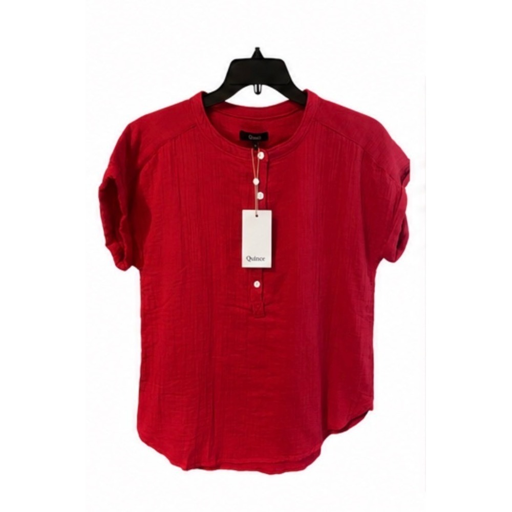 Quince Cotton Gauze Henley Top Womens Small Red NEW Short Sleeve Button Front - Picture 3 of 9